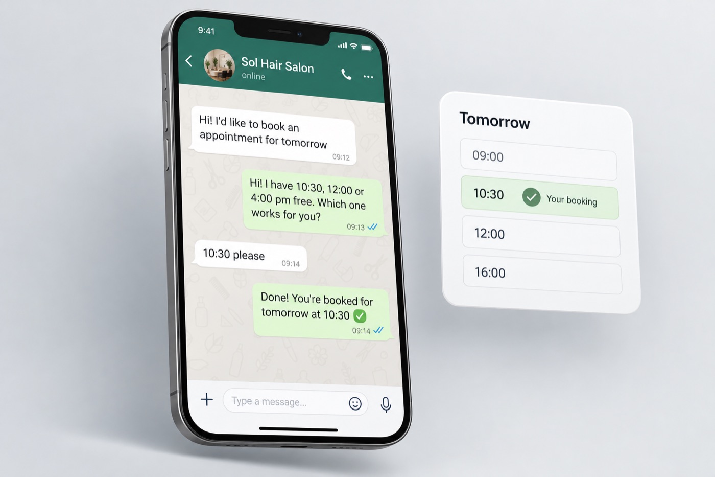 WhatsApp chat: a customer asks a hair salon for an appointment tomorrow, the agent offers three time slots, she picks the first one and the agent confirms it, with a calendar card highlighting that slot
