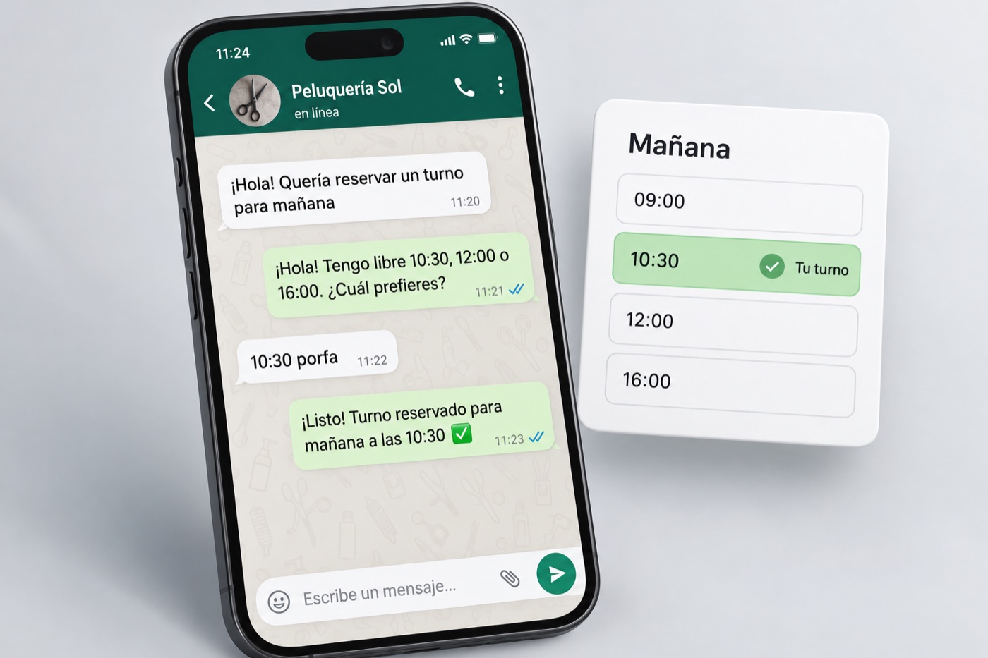 Chat de WhatsApp: una clienta pide un turno para mañana en una peluquería, el agente ofrece tres horarios, ella elige el primero y el agente lo confirma, con una tarjeta de agenda que marca ese horario