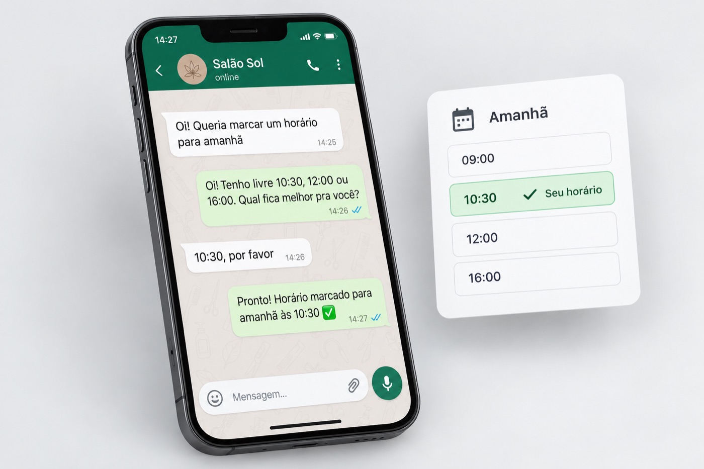 Conversa de WhatsApp: uma cliente pede um horário para amanhã em um salão de beleza, o agente oferece três horários, ela escolhe o primeiro e o agente confirma, com um cartão de agenda que destaca esse horário