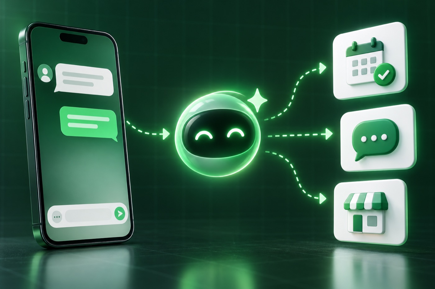 A phone with a chat, arrows pointing to an AI agent and from there to a calendar, messages and a business
